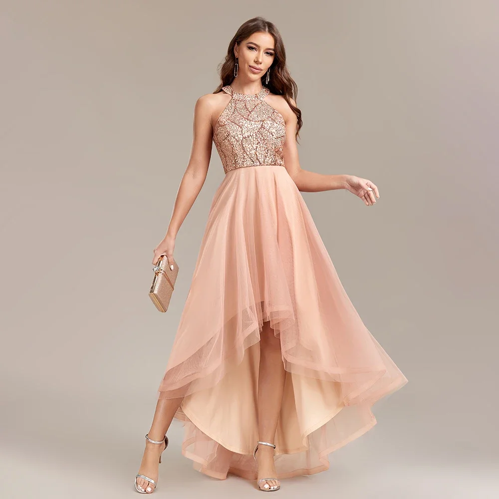 

New Women Sleeveless Halter Shinning Sequin Tulle Evening Dress Irregular Hem Prom Dresses Golden Birthday Party Gold Dress