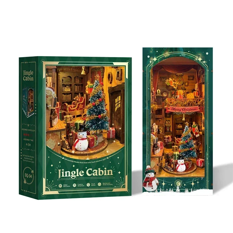 Jingle Cabin Miniature Model Kits Bookshelf DIY Wooden Christmas Book Nook Shelf Insert Kit With Light Bookend for Friends Gifts