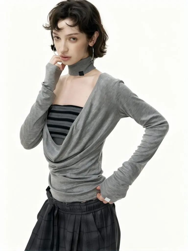 Y2k Vintage Fake Two Piece Halter Tops Women Draped Collar Long Sleeve T-shirt Loose Casual Oversize Tees Striped Basic Tees
