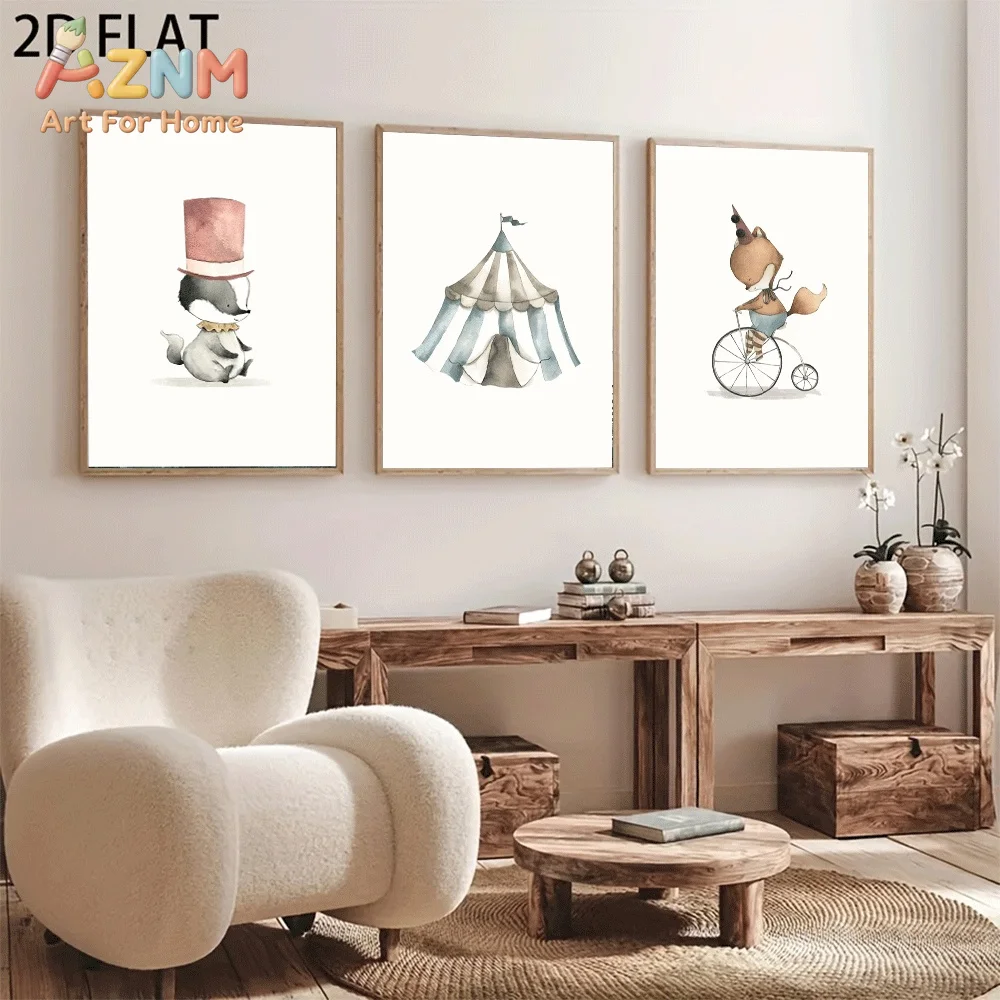 AZNM Watercolor Circus Theme Skunk Fox Canvas Wall Art, Cute Animal Tent Vintage Bicycle Neutral Soft Tone Print Painting for Ba view 3