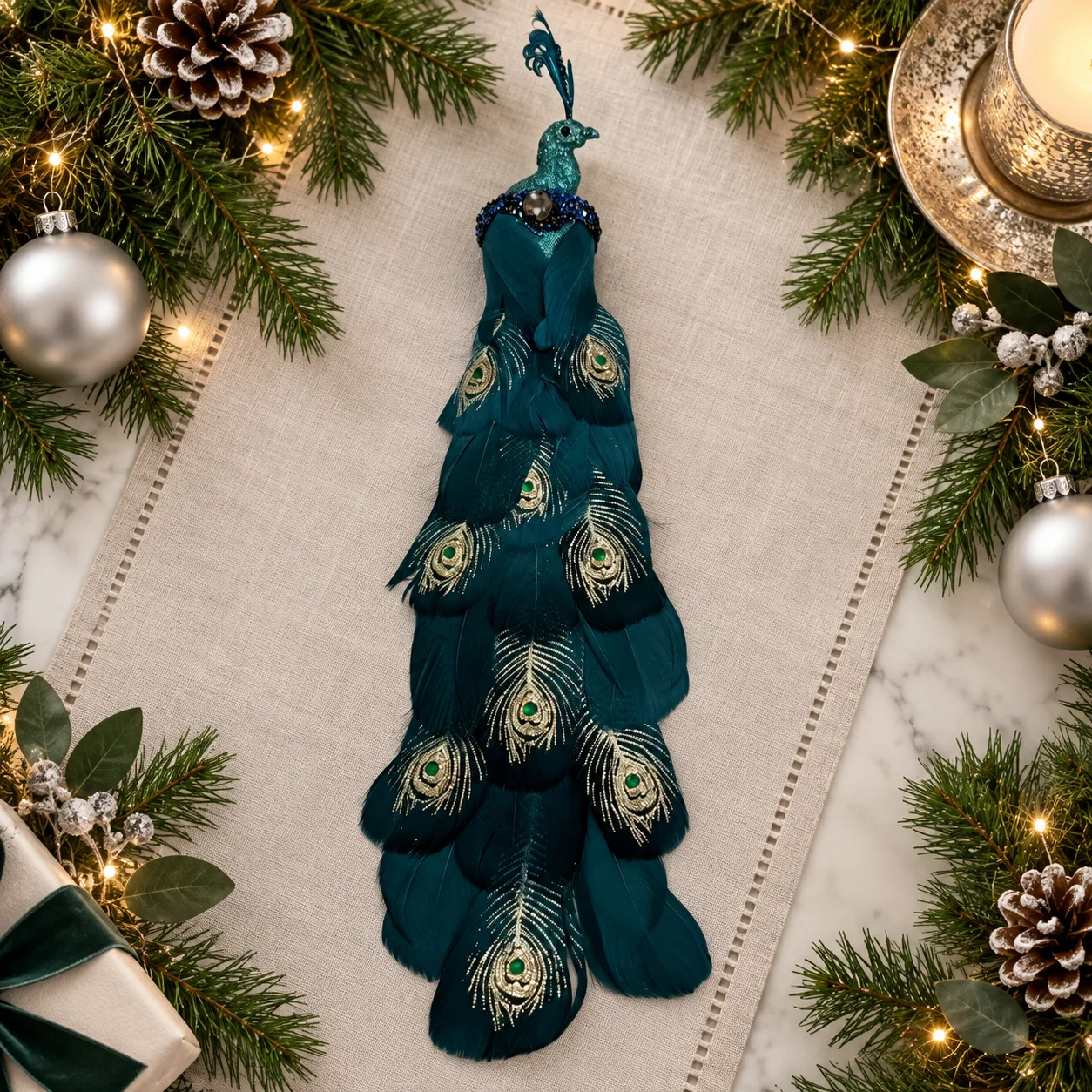 Teal Feather Peacock Ornament, Decorative Peacock for Christmas Tree, Wreath, Mantel and Holiday Home Decor