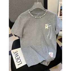 Summer Design Niche Loose Right Shoulder Short-sleeved T-shirt for Women American Retro Versatile Half-sleeved New Top