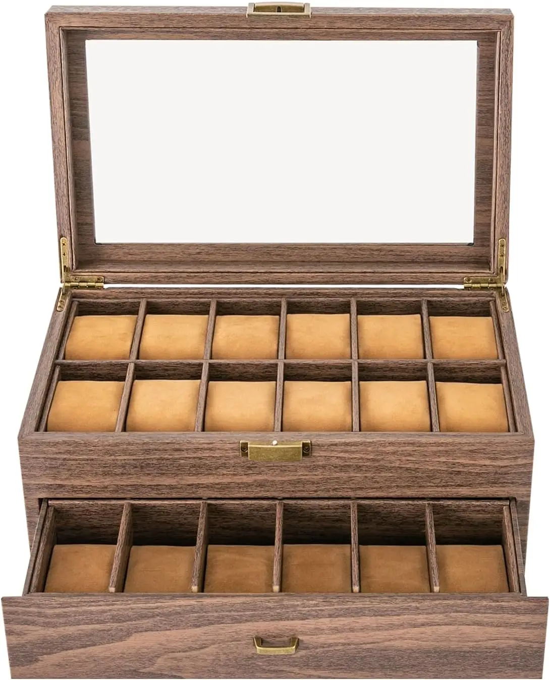 

Коробка для часов, 2 слоя, 24 отделения, витрина для часов с прозрачным оконным шпоном, органайзер для коробок для часов, деревянный органайзер для часов