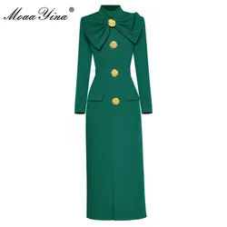 MoaaYina Fashion Designer Dress Spring Autumn Women's Dress Stand Collar Long Sleeve Package Buttocks Slit Dress