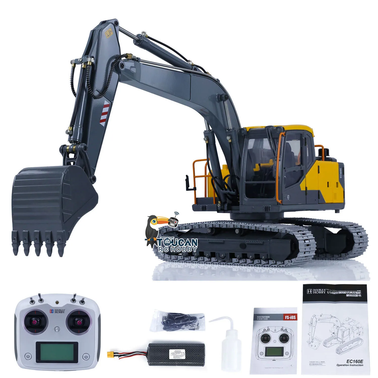 1/14 Scale RC Hydraulic Metal EC160E Excavator RTR Double E Remote Control Diggers Model Light System Yellow-Grey TH23138