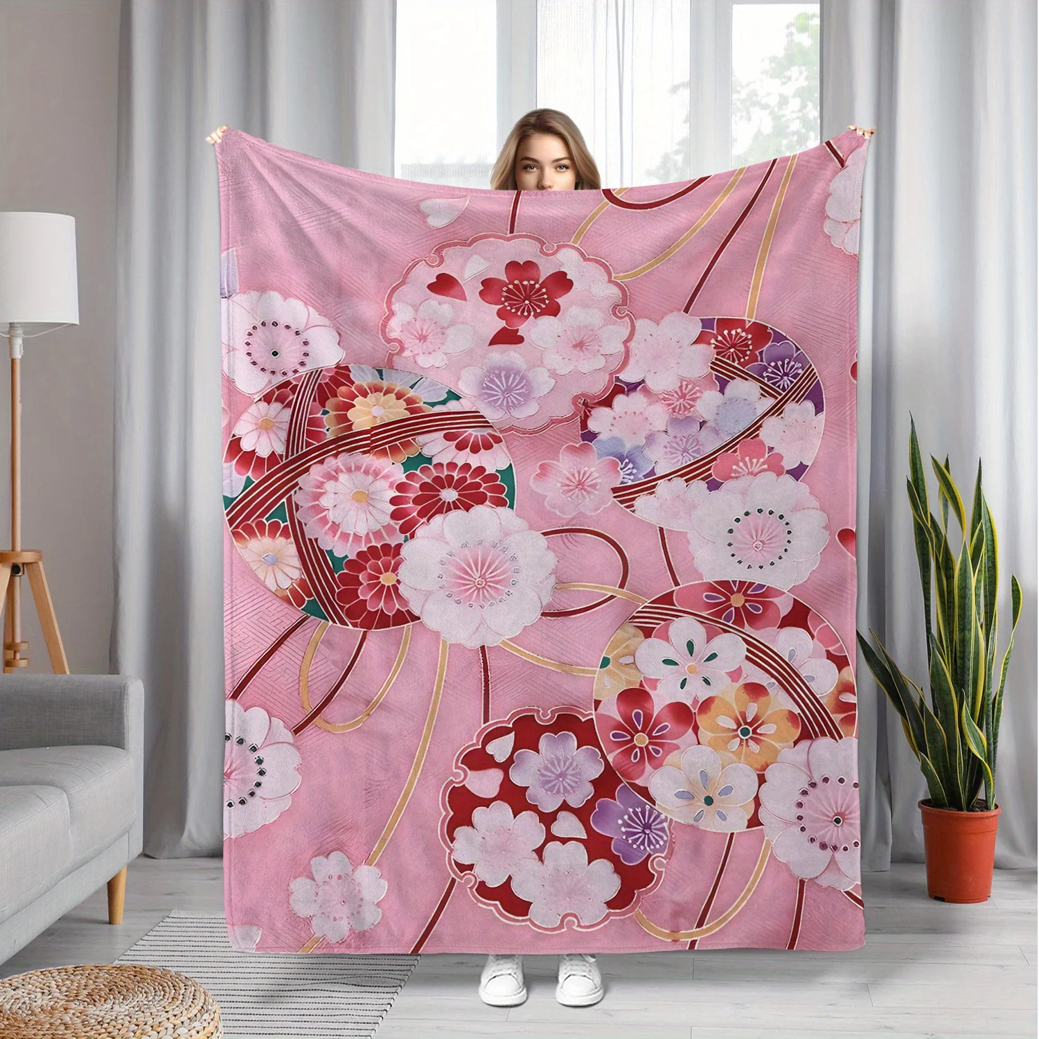 Soft Floral Print Throw Blanket Cozy Plush Lap Blanket for Sofa Romantic Pink Cottagecore Decorative Winter Autumn Home Decor