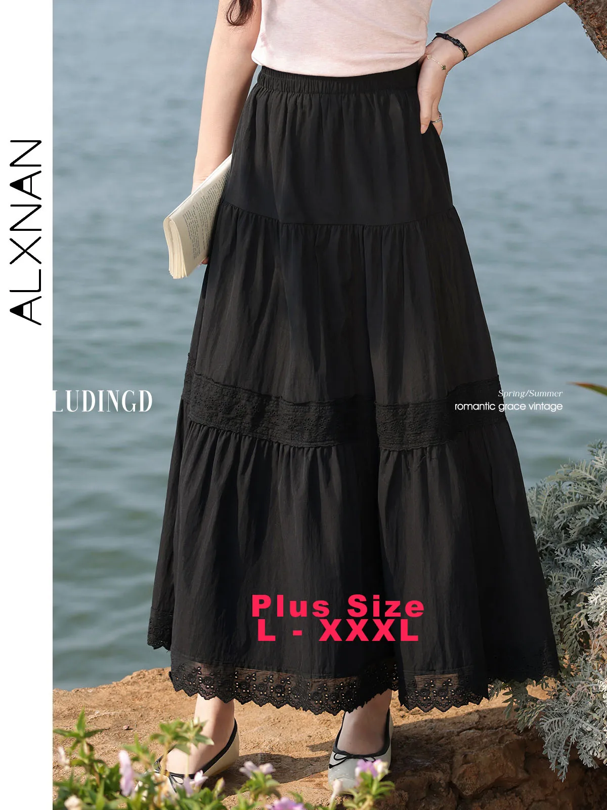 

ALXNAN Plus Size Women Black Skirt High-waist A-line Casual Long Skirts 2025 Summer Elegant Elastic Waist Female Clothing D10660
