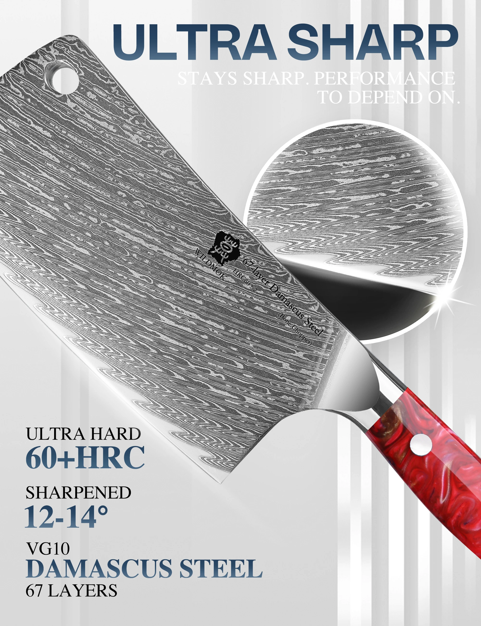 WILDMOK Damascus Bone Chopping Knife, VG10 Core Blade, Non-Slip Polished Resin Handle, Heavy Weight Bone Cutting Knife for Bones