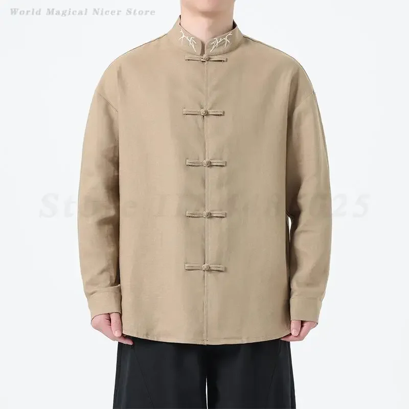 الصينية التقليدية تانغ البدلة سترة موحدة الكونغ فو معطف كبير الحجم الرجال بلوزة طويلة الأكمام الرجعية قميص خمر زر حتى Hanfu #5
