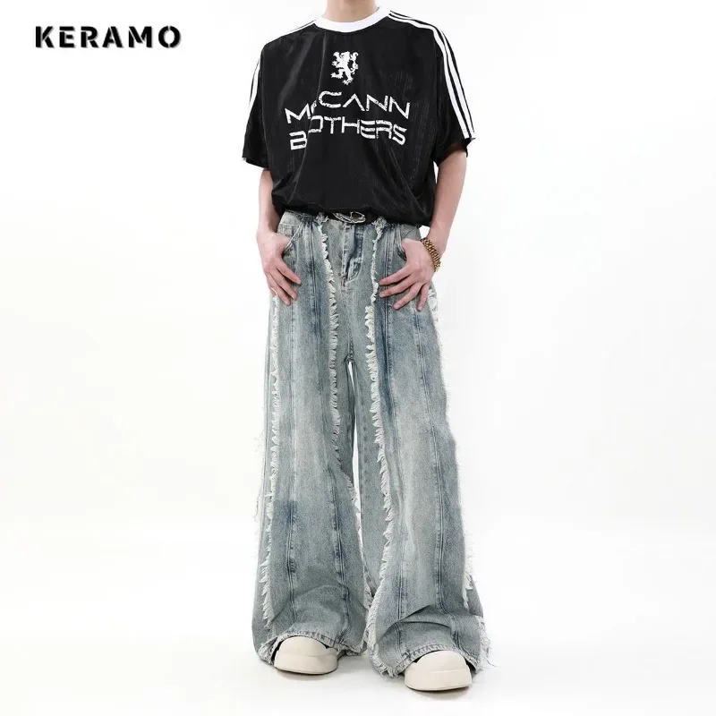 Women's Y2K Tassels Baggy 2000s Denim Trouser Vintage Casual Classic Emo Blue Pants Grunge Street Retro Burr Edge Trashy Jeans