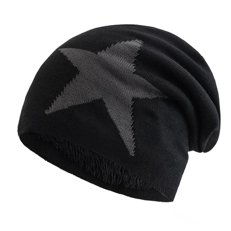 Hot Sale Unisex Slouchy Winter Hats Big Five Star Pattern Warm Hats For Men Women Plush Fur Lined Fashion Ski Beanie Cap