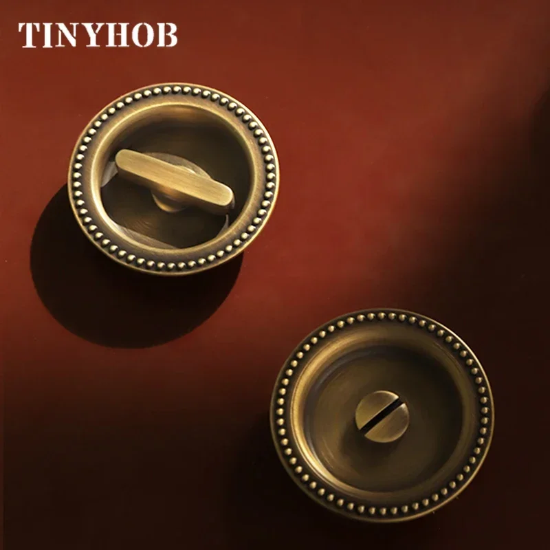 Tinyhob Retro Bronze Solid Brass Knob BK One Word Emergency Sliding Door Lock Bathroom Invisible Sliding Door Handle