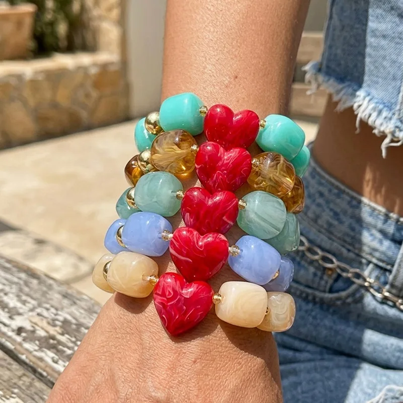 Colorful Swirl Resin Heart Beaded Bracelet for Women Summer Boho Stackable Stretch Bracelet Vintage Casual Beach Fashion Jewelry