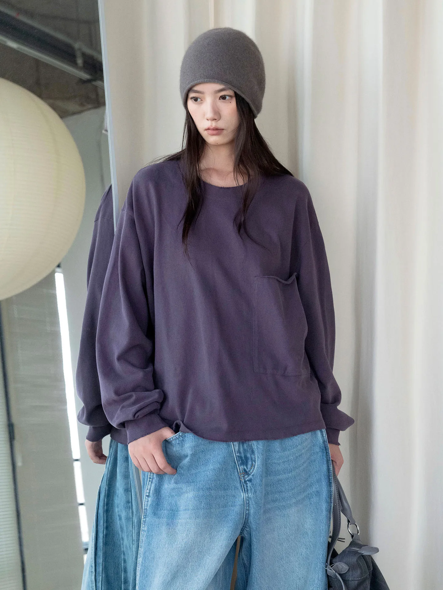 Autumn and winter new Korean style simple casual round neck single-sided pocket T-shirt loose top for women
