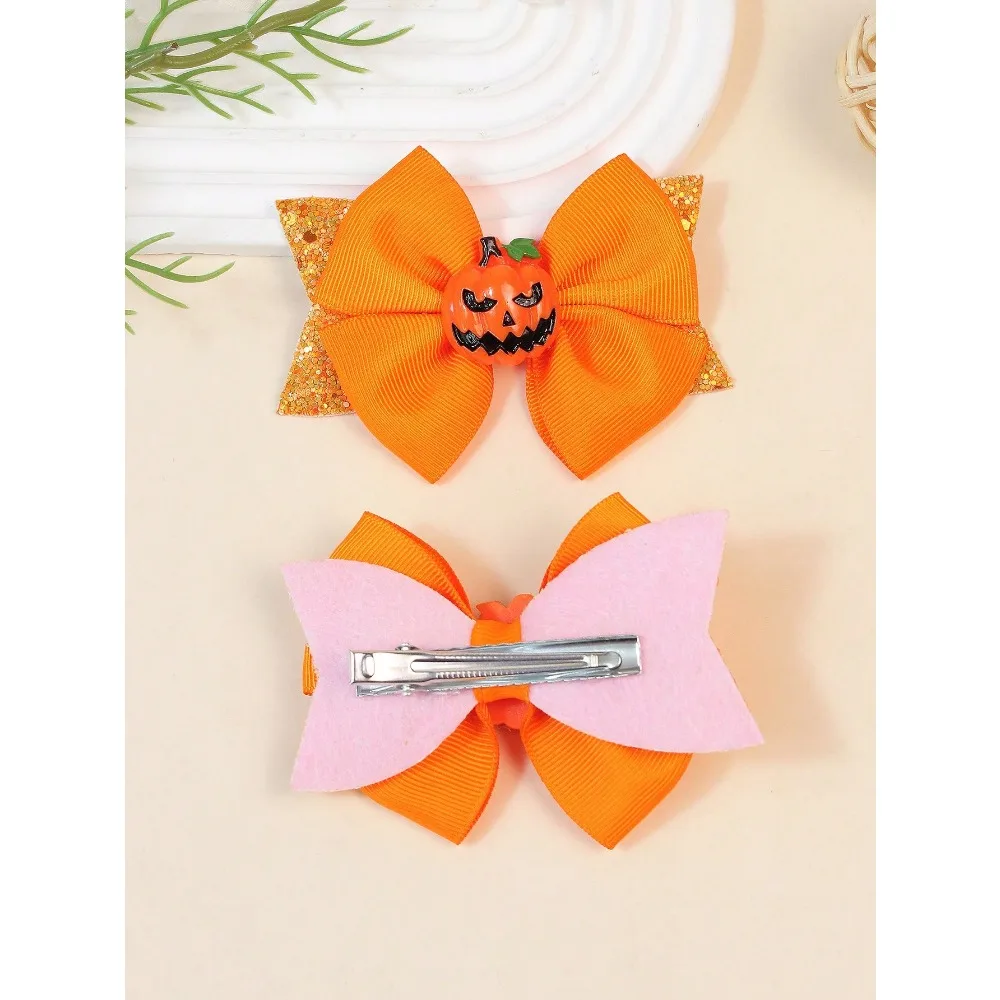 2pcs Orange Bowknot Hair Clips Set, Small/Medium/Large, Kids Halloween Pumpkin Hair Accessories For Girls