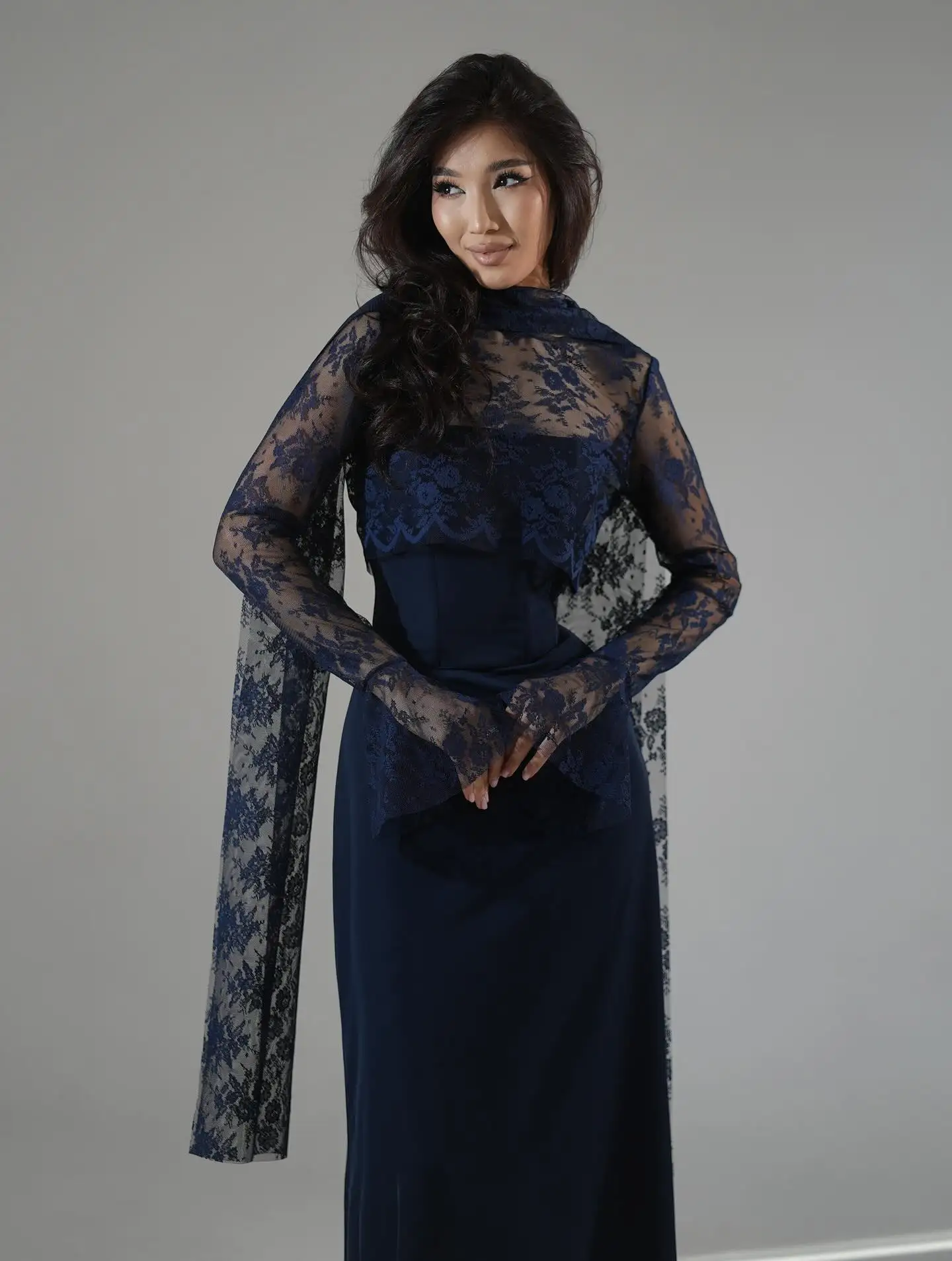 

Medalion Customized Sexy Navy Blue Prom Gown Women's Long-sleeved Lace Party Evening Dress Ankle-length Formal Occasion Dresses