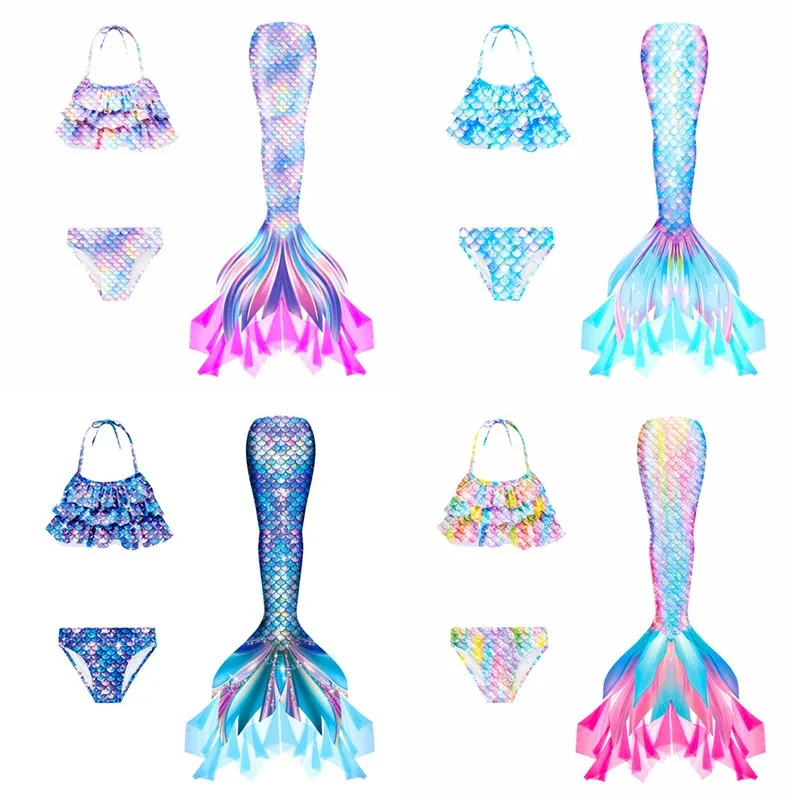 

New Kids Summer Mermaid Tail Cosplay Mesh Swimwear Girls Three Piece Swimsuit Sets Bikini Children Beachwear Swimwear