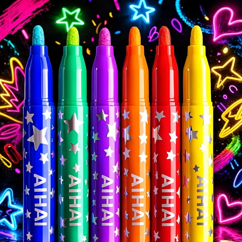 6-Pack of Fluorescent Colored Markers with Random Colors, 1 Box of 6-Pack Writing and Drawing Pens, Luminous Colored Markers for Marking, Graffiti Box Set, Drawing and Painting Pens