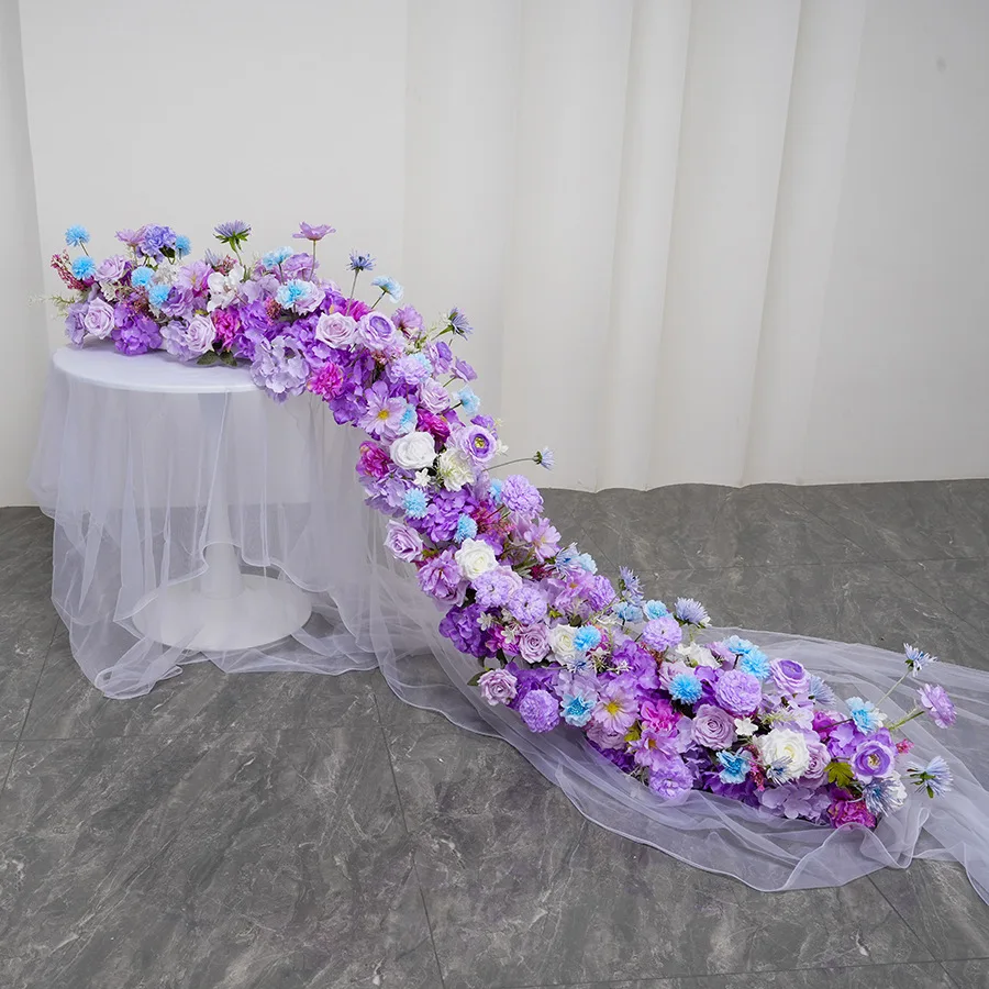 Outdoor Wedding Backdrop Arch Decor Artificial Purple Blue Rose Delphinium Flower Row Arrangement Aisle Floor Floral Props