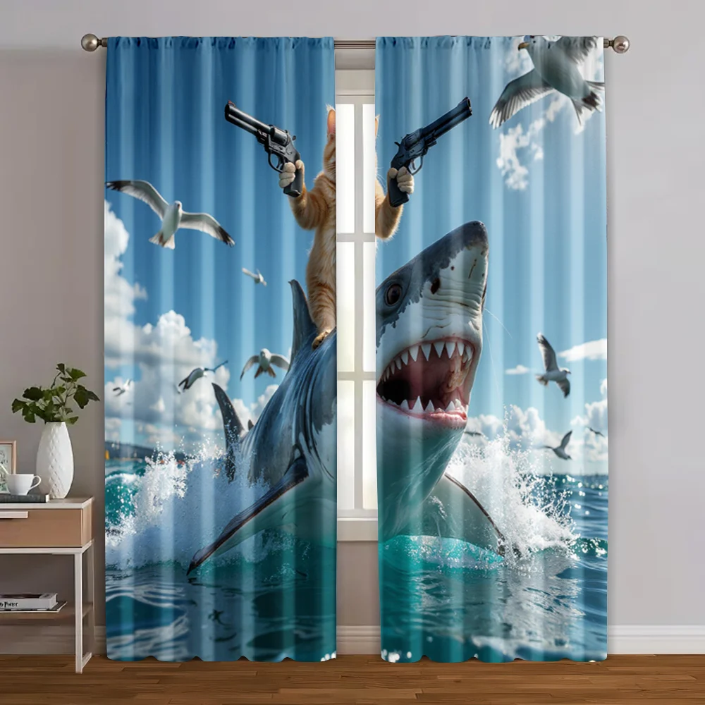 2pcs, Pattern Curtains Whimsical Cat and Shark Ocean Theme Versatile Fabric (without rod) Decorations Outdoor Perfect for