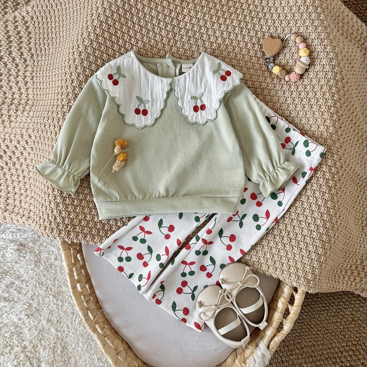 

Baby Girl Clothes Spring Fall Cherry Embroidery Lapel Top+Casual Cherry Print Flared Pants Sets