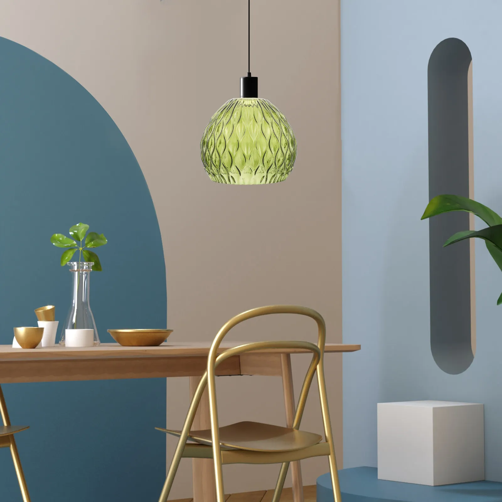 Glass Pendant Lamp Shade Aperture 42Mm Embossed Green Clear Pressed Glass Shade Replacement Fixture Cover Decorative Retro