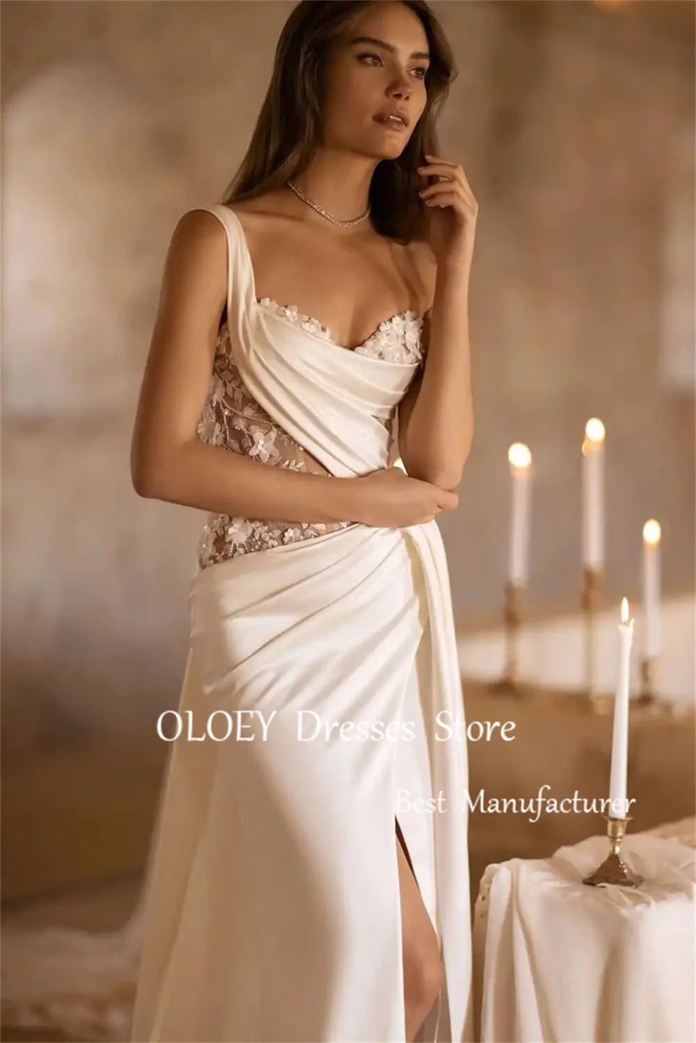

OLOEY Modest Ivory Mermaid Wedding Dress One Shoulder Long Bridal Gown Pleats Satin Zip Back Appliques Customized