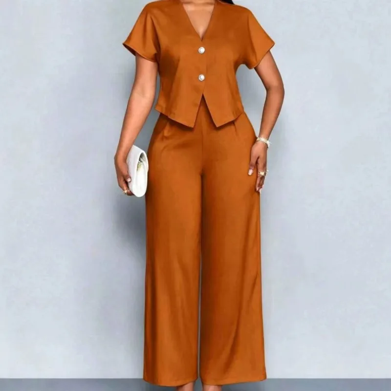 2026 New Summer Women's Pants Set Solid Color Button V-neck Elegant Retro Commuter Formal Fashionable And Comfortable Pants Set