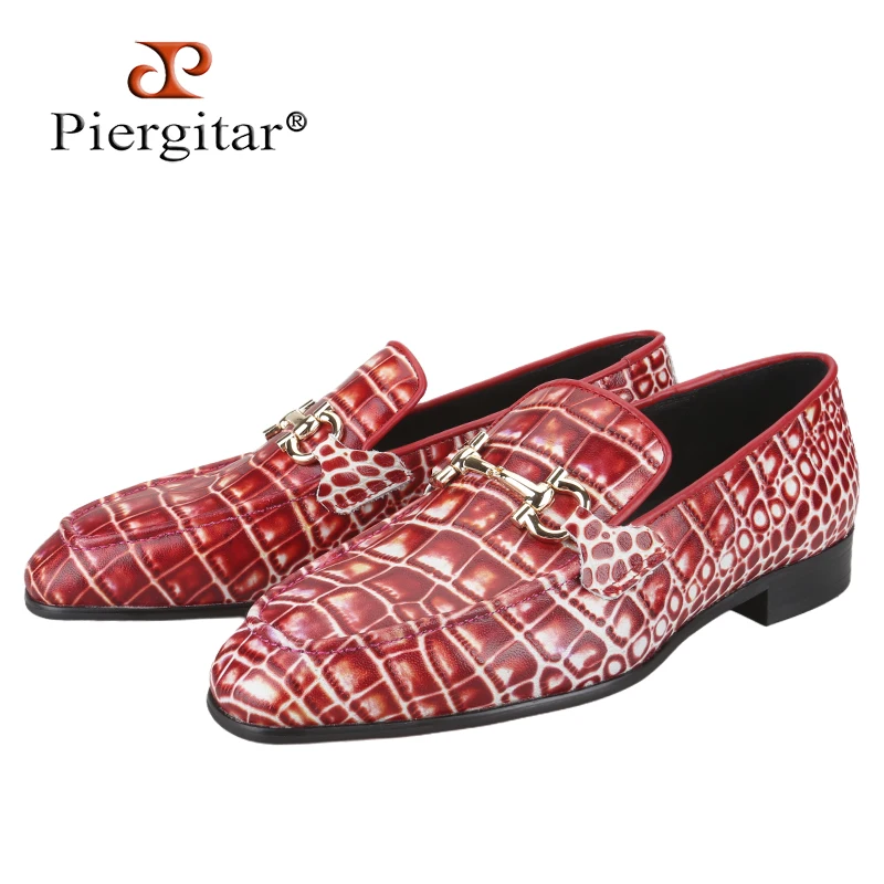 Piergitar Classic Model Gold Horsebits Men's Loafers Red And Light Green Crocodile Pattern Calfskin Handmade Slip-On Slippers
