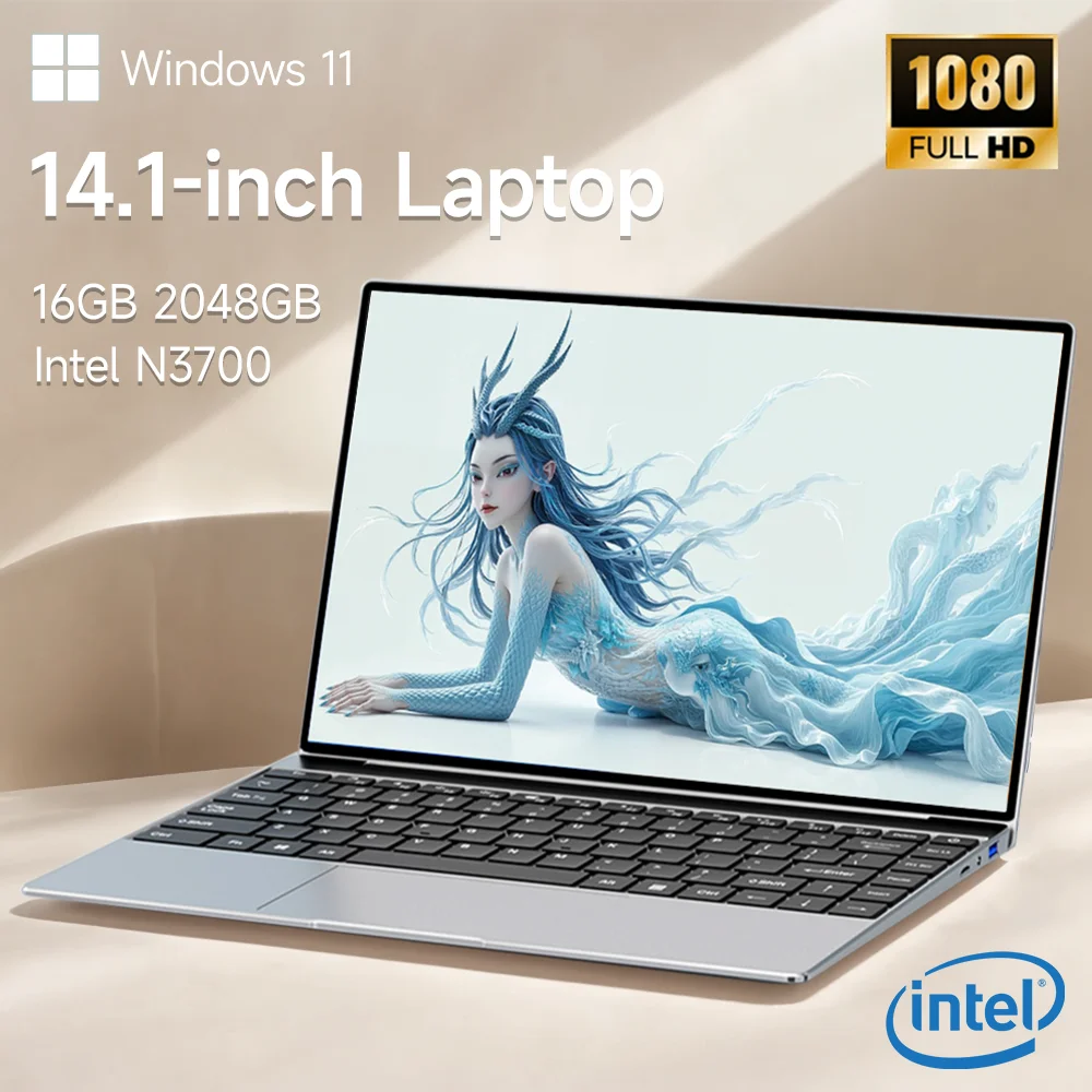 14.1-inch Laptop Windows 11 16GB RAM DDR4 2TB SSD Intel N3700 Full HD Office PC with Backlight Fingerprint Laptop Macbook Air