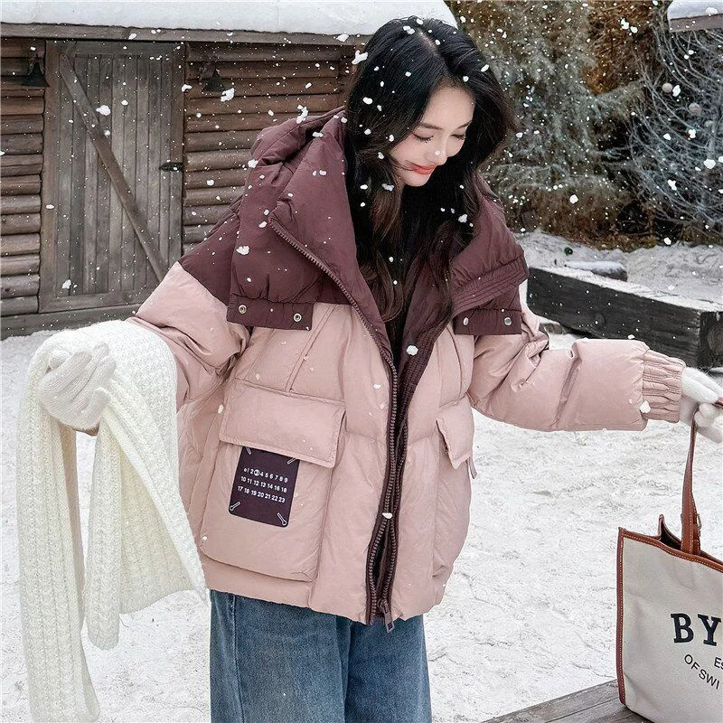 

Women's down Cotton Jacket 2025 Winter New Style Patchwork Short Korean Loose Hooded Cotton Coat Outerwear