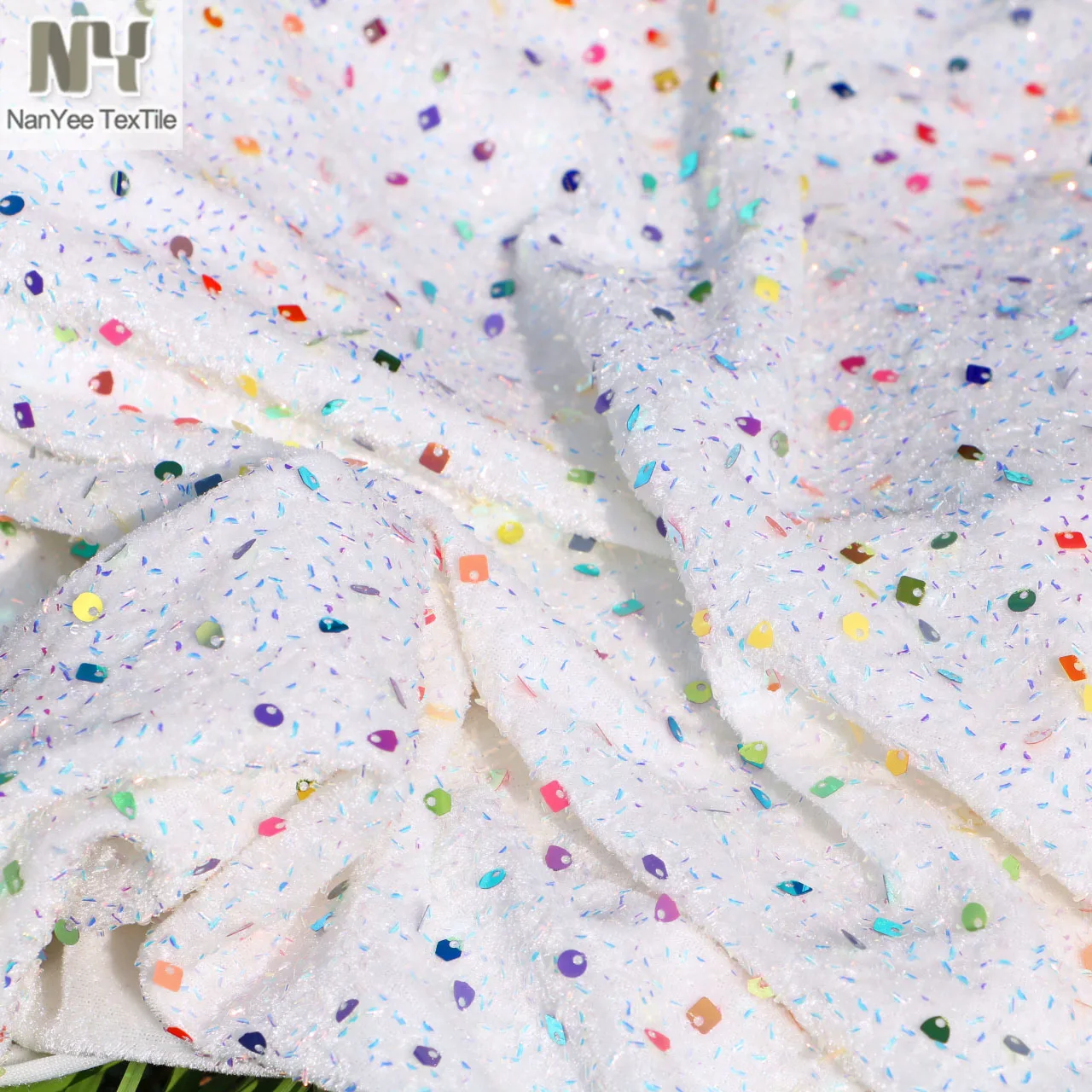 Bling Bling Multi Colors Mix Sized Shape Sequins Velvet Fabric Embroidered White Velour Iridescent Sequins