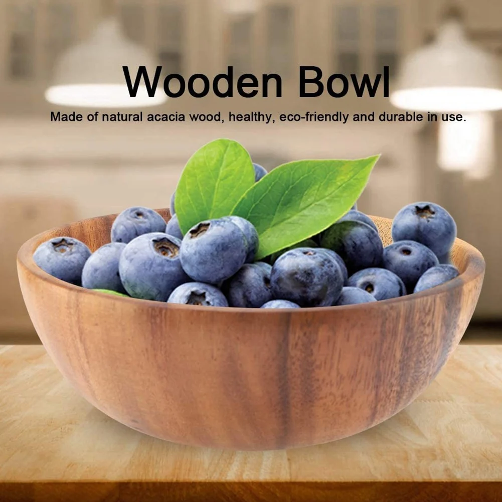 Natural Hand-Made Wooden Salad Bowl Classic Large Round Salad Soup Dining Bowl Plates Wood Kitchen Utensils