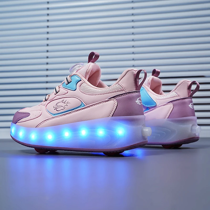 2 en 1 adultes enfants garçons filles 4 roues rechargeables lumière LED déformation coup de pied chaussures de patin à roulettes