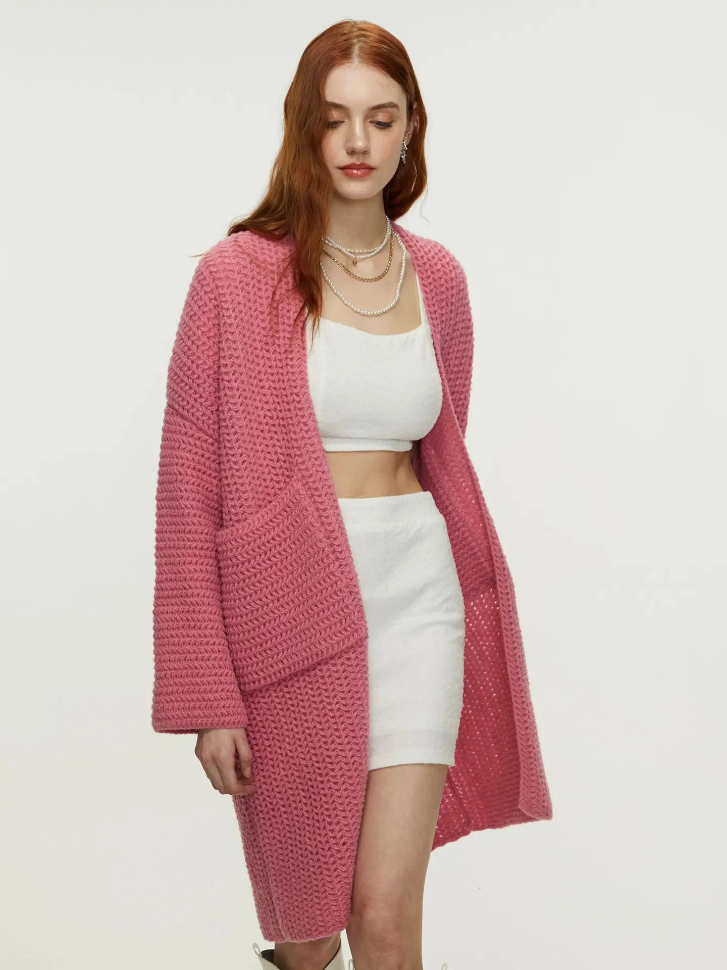 

Mid-Long Cardigans For Woman Long Elegants Mid Womens Summer V-Nek Patched Fitted Flocking Splicing Streetwear Light Fur-Trim OL