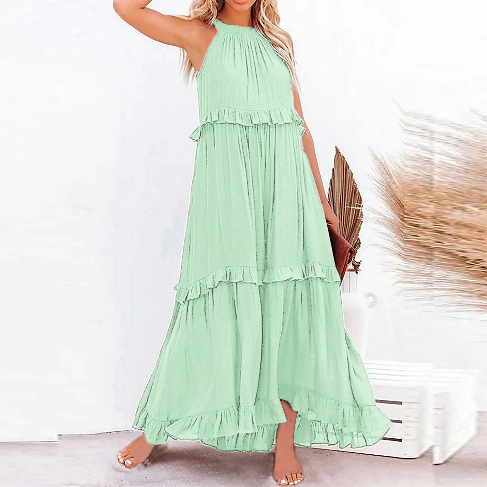 Women Maxi Dress Oversized Elegant Robe Cotton Linen Vintage Casual Sleeveless Flared Flowy Ruffle Evening Party Dresses Vestido