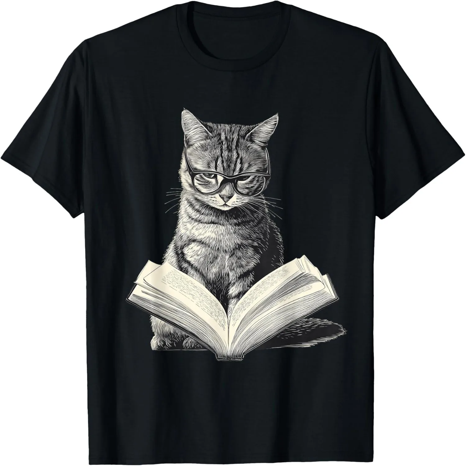 Bookish Cat With Glasses Reading Book Vintage Sketch Graphic T-Shirt