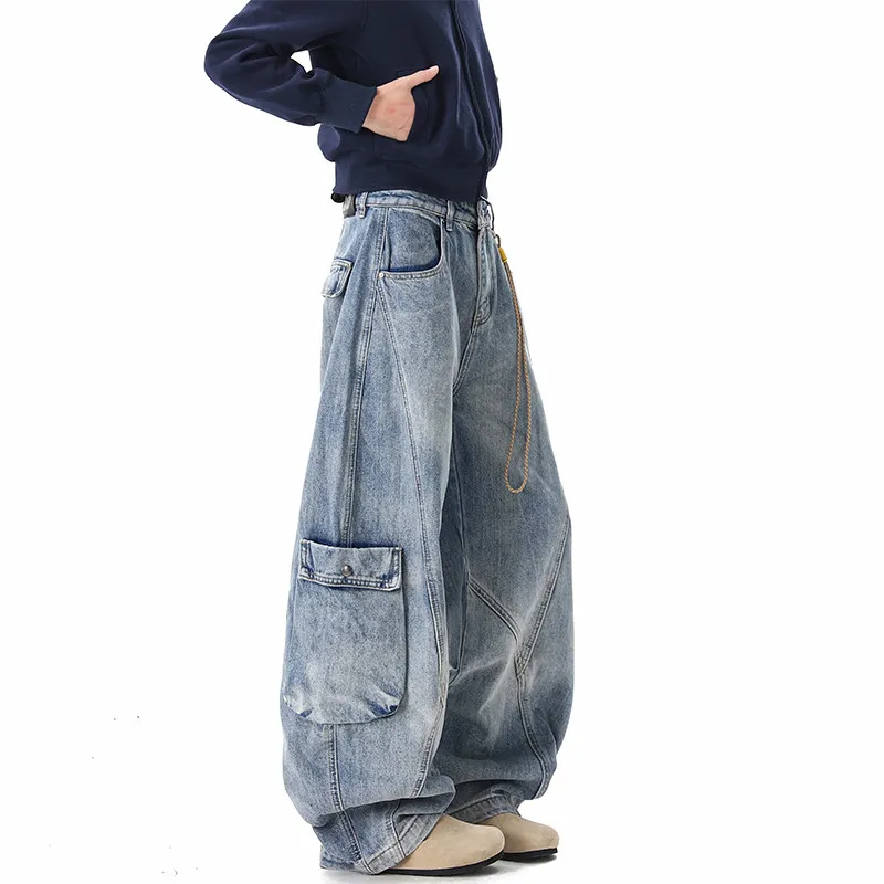 

Ретро-джинсы унисекс в американском стиле, светло-голубые, свободного кроя, широкие, струящиеся, длинные, рабочие, с множеством карманов