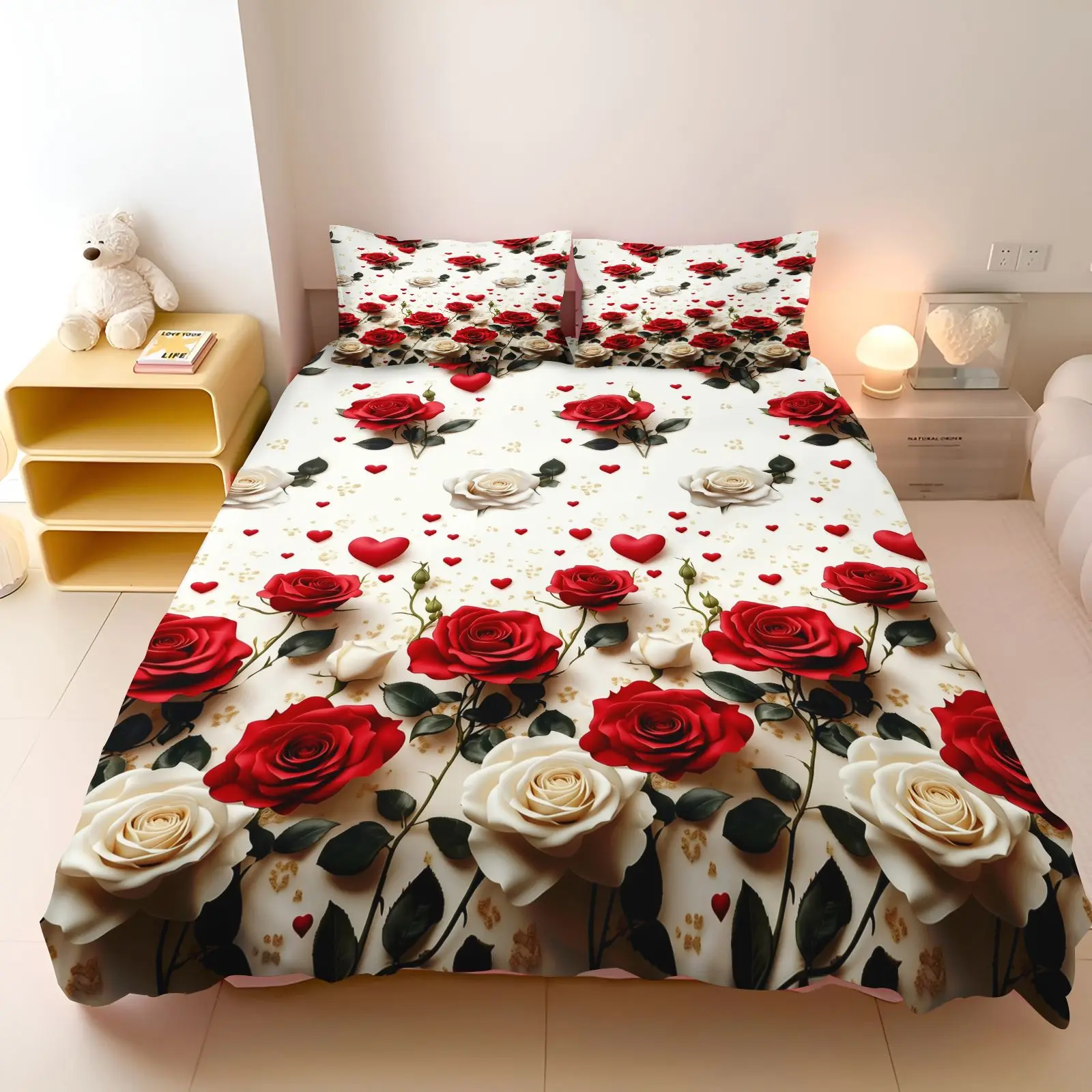 Red White Rose Heart Floral Bedding Set Soft Microfiber Duvet Cover Valentine Wedding Bed Linen with Pillow Cases