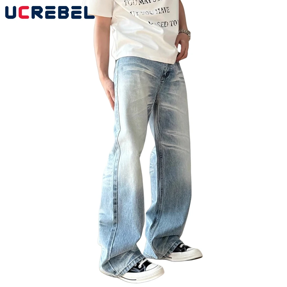 

Moustache Effect Jeans Mens Retro High Street Loose Straight Washed Distressed Pocket Denim Pants Men