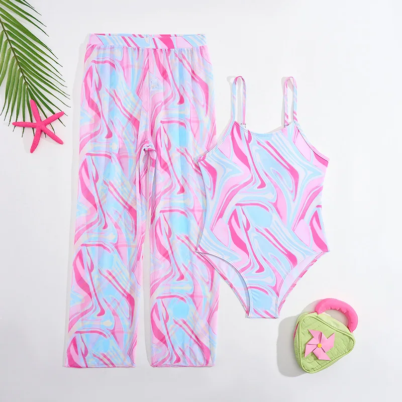 

2026 Girls Swimsuit One Piece With Beach Pants Kids Swimwear Children's Bathers Bathing Swimming Swim Suit Summer Beachwear