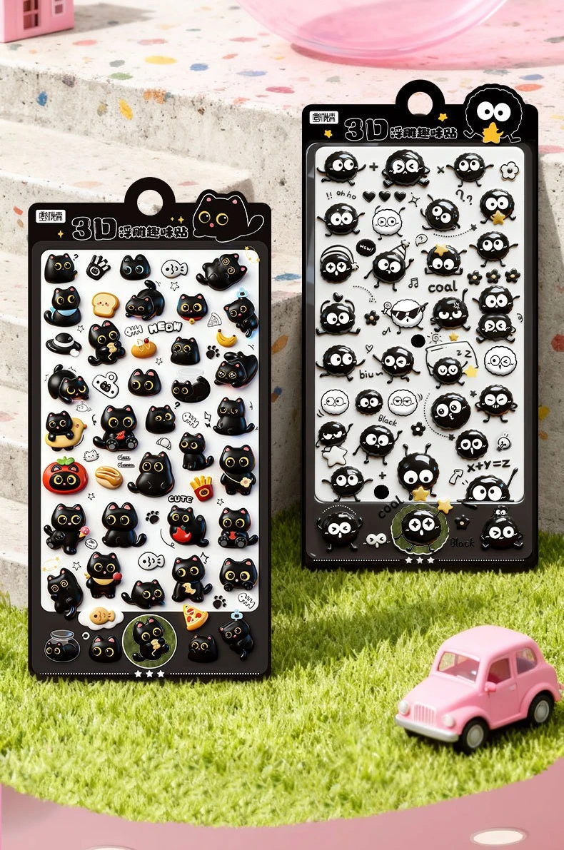 2sheets Cartoon Three-dimensional Floating Fun Stickers Black Cat Cute Embossed Mobile Phone Scrapbook Stickers