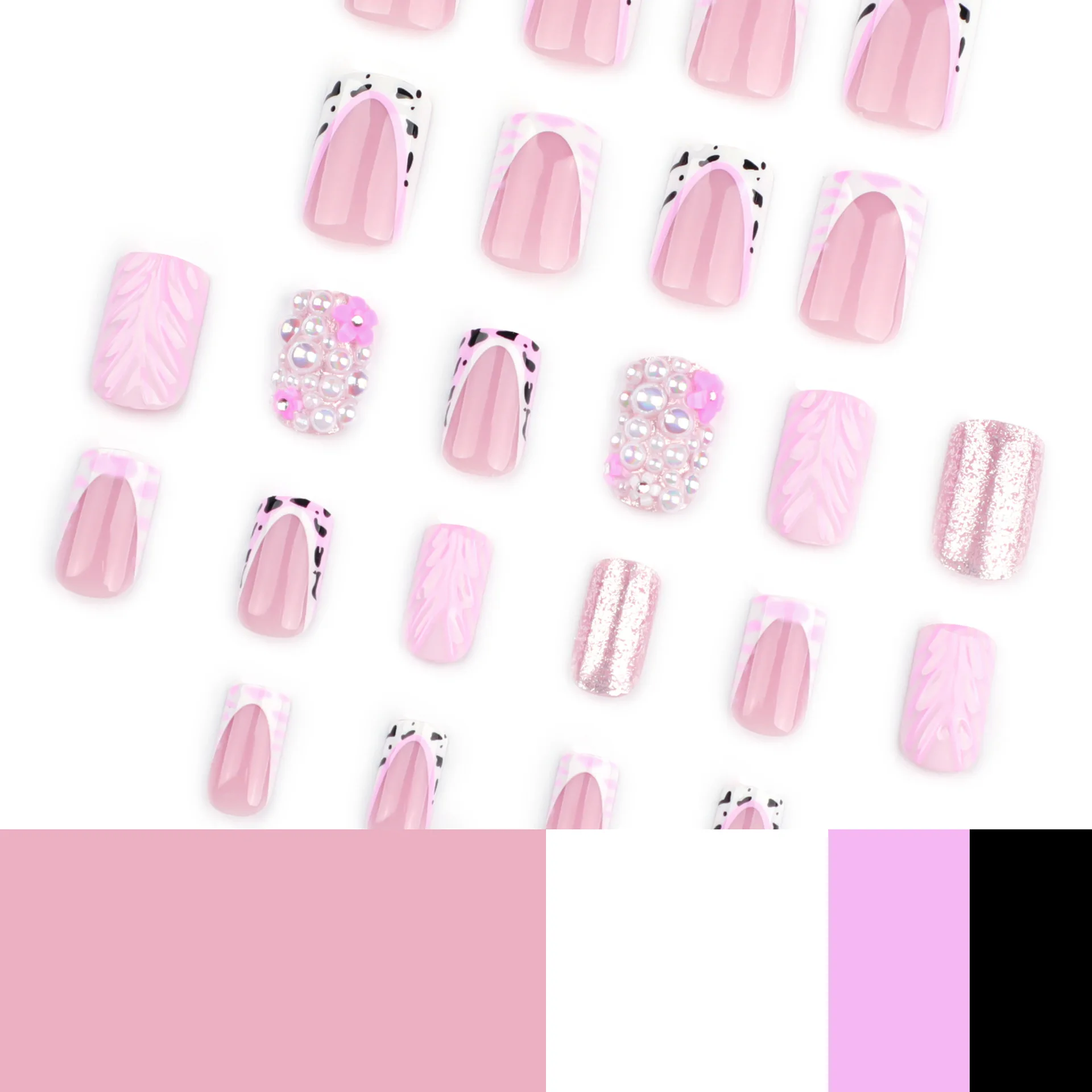 24 Stück mittelgroße Sargnägel zum Aufdrücken: 3D-Rosa-Wasserwellen mit hochglänzendem Glitzer, Perlen und roten Blumen