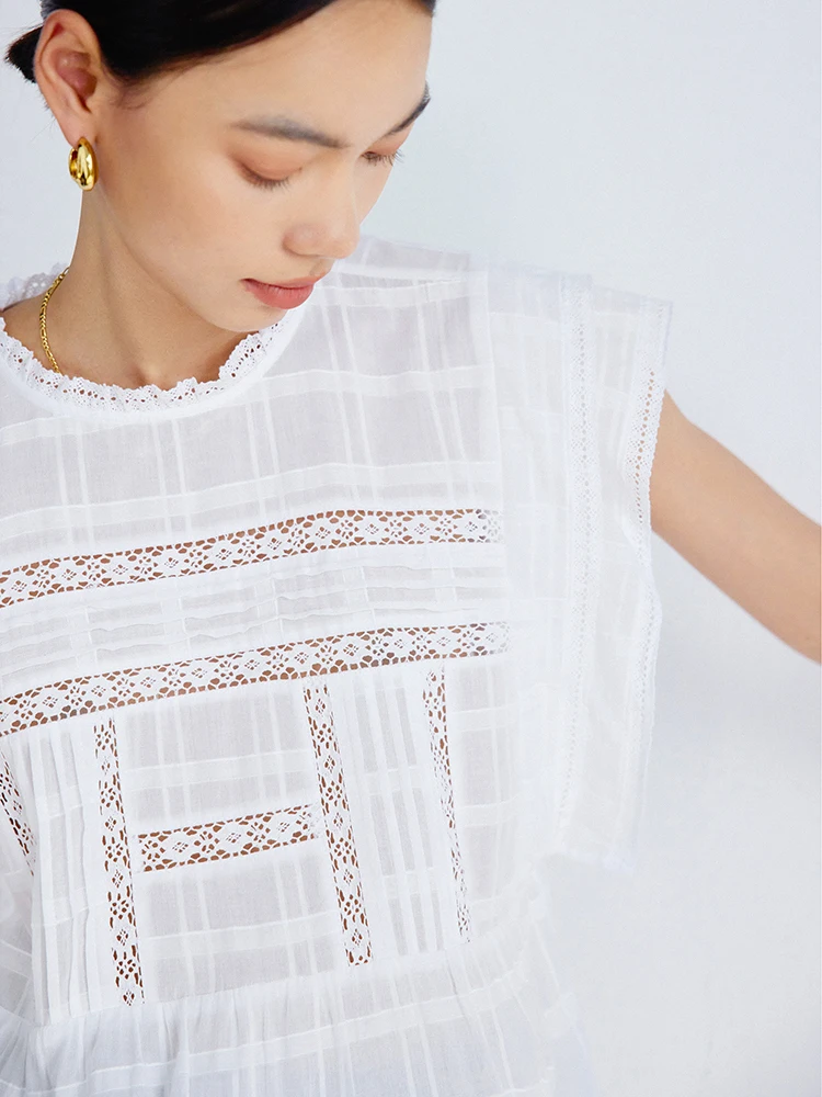 

Топ из органического хлопка и балийского шелка с цветной тканой ажурной вышивкой, французский стиль, круглый вырез, короткий рукав