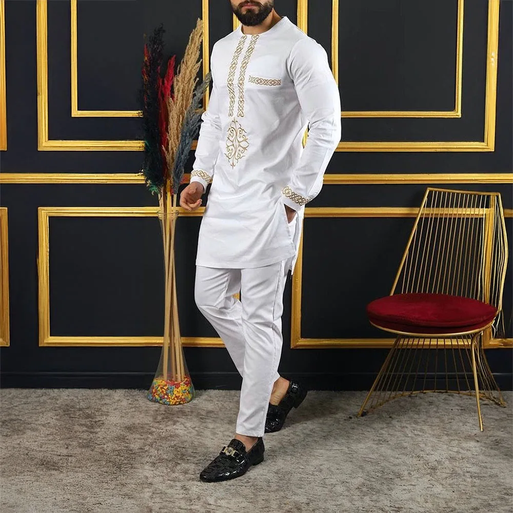 2Piece Sets Mens Outfit Embroidered Pocket Long Sleeve Top Pants Men's Wedding Suit Business Ethnic Casual Wear Tee Shirt Homme