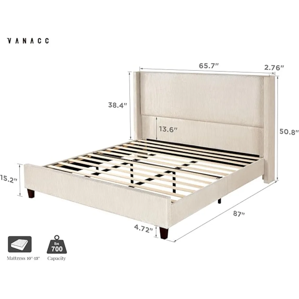 Struttura letto, letto imbottito in velluto a coste da 50,8" con testiera capitonnè a canale verticale/doghe in legno/aletta/senza sommier