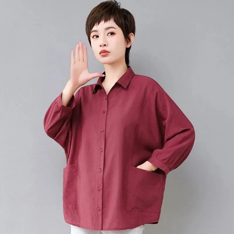 

Women's Burgundy Button Down Shirt Turn Down Collar Pockets Casual Loose Fit Blouse Tops