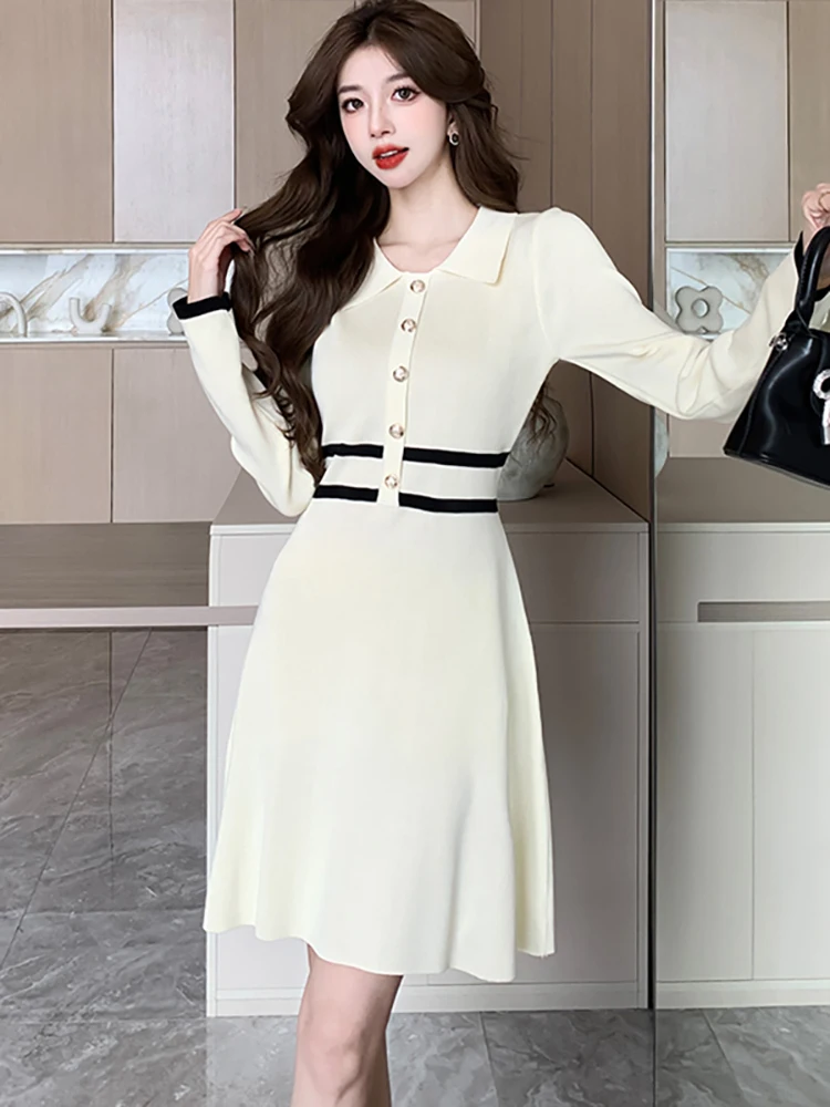 الخريف الشتاء الأبيض محبوك كم طويل بولو طوق ميدي فستان المرأة أنيقة السببية ألف خط فستان 2025 الكورية Bodycon فستان الحفلات