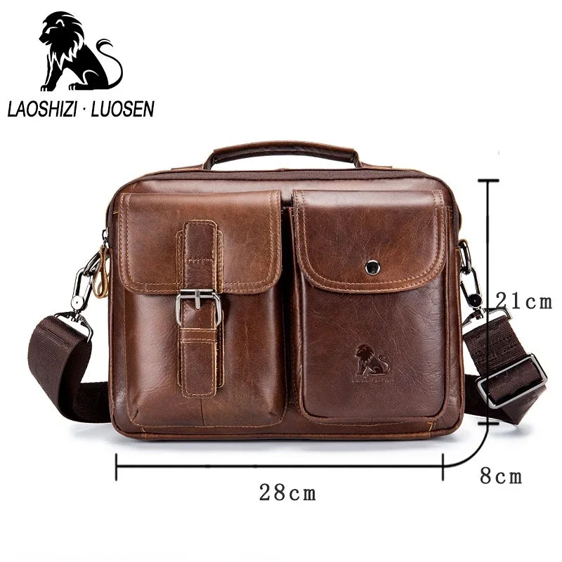 LAOSHIZI-maletín Vintage de cuero genuino para hombre, bolso de hombro de piel de vaca suave, bolso de mano informal de negocios