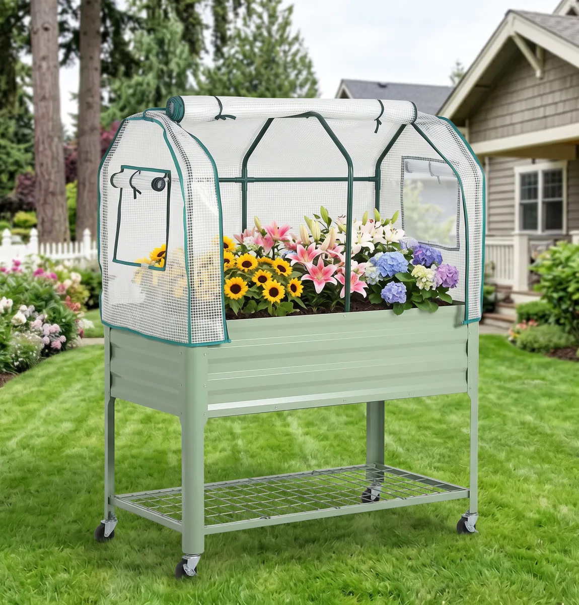 Mobile Elevated Raised Garden Bed with Greenhouse Cover, 48x24x56 in Galvanized Steel Planter Box on Wheels with Legs & Storage Shelf - Rolling Outdoor Vegetable/Herb/Flower Planter